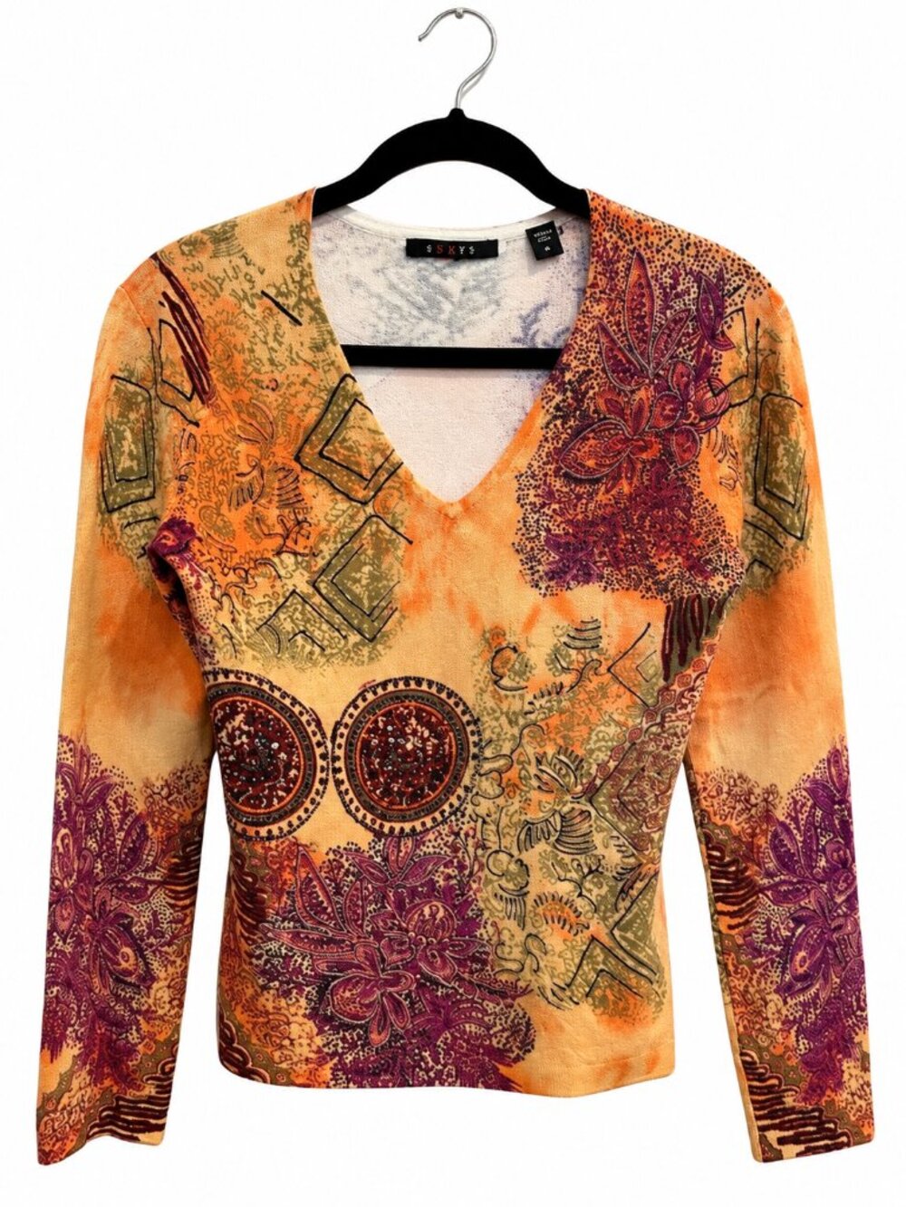 Cyrus Beaded Boho Floral V-Neck Long Sleeve Top Orange Purple Size M